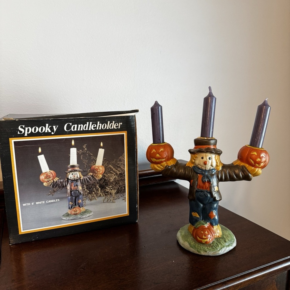 9" Vintage Halloween Scarecrow Holding Pumpkins Spooky Candle Holders W/ Candle
